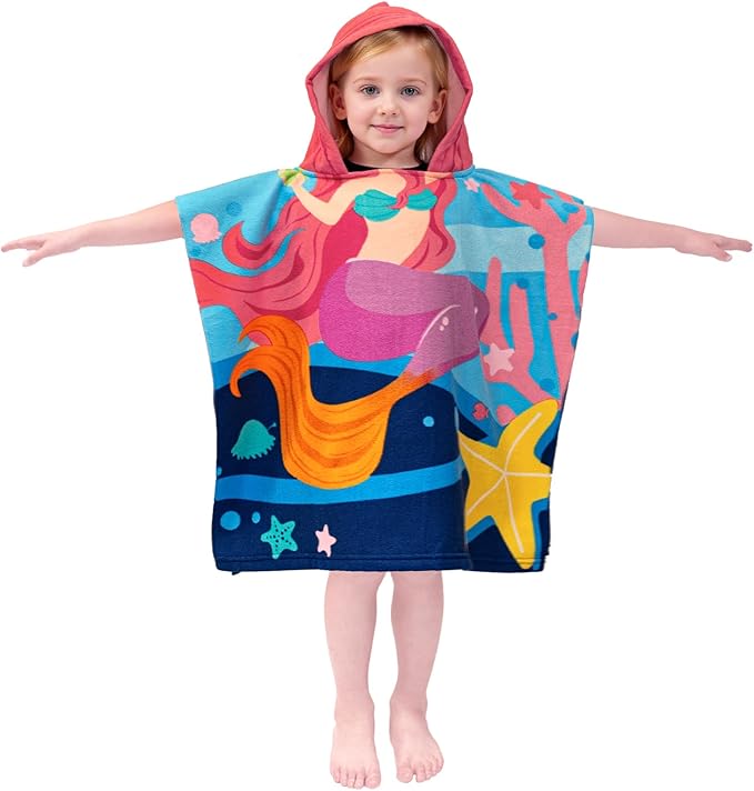 Hooded Kids Beach Towels - Toddler Bath Towel Girls Boys Swim Cover-ups for Ages 1 to 6 Kids Pool Towels Quick Dry Lightweight Soft Microfiber Poncho Towel 24x24 (Mermaid Starfish)