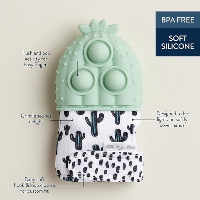 Itzy Ritzy Silicone Teething Mitt - Soothing Infant Teething Mitten with Adjustable Strap, Crinkle Sound & Textured Silicone to Soothe Sore & Swollen Gums - for Ages 3 Months & Up (Cactus)