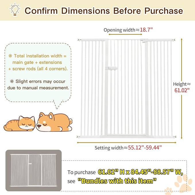 Lumizone Extra Tall Cat Gate 61.02" High Pressure Mounted Extra Wide 2025 New (17 Sizes) 1.37" Gap No Drilling Auto-Close One-Handed Operation Tall Pet Gate for Dogs(White, 61.02" H x 55.12"-59.44" W)