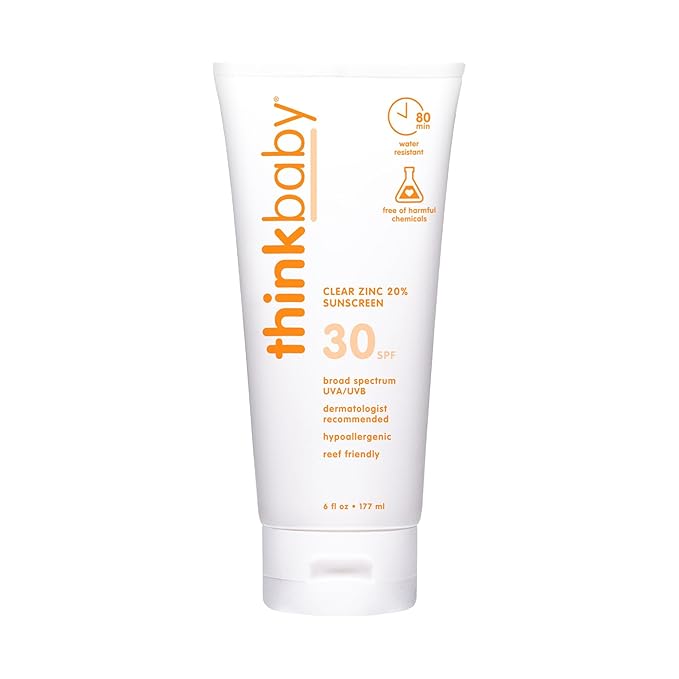 Thinkbaby Mineral Sunscreen, SPF 30 Clear Zinc Oxide Baby Sun Screen, 6 Fl Oz, Natural, Water Resistant, Reef Safe, Vegan, Broad Spectrum UVA/UVB Protection