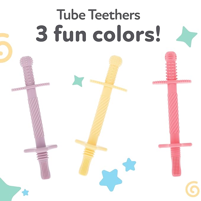 Nuby Sensory Silicone Tube Teethers - (3 Pack) Textured Infant and Baby Teether Toys - 3+ Months - Purple, Pink, and Yellow