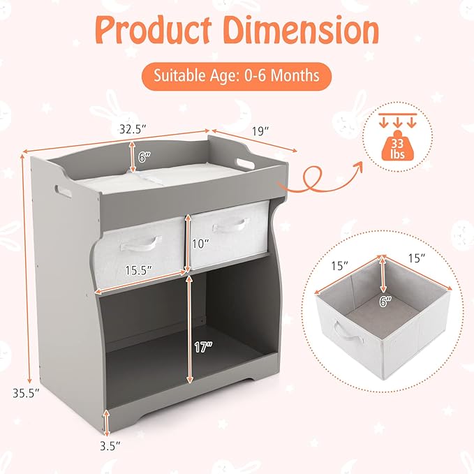Costzon Baby Changing Table, 2 Drawer Infant Diaper Changing Station with Waterproof Changing Pad, Changing Table Dresser for Nursery (Gray)