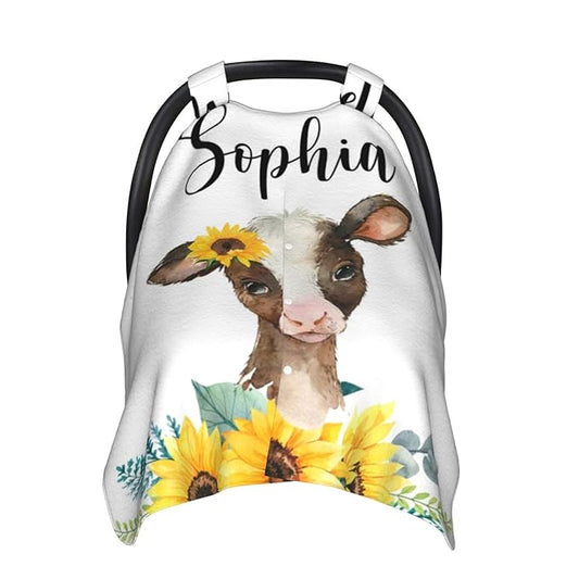 Personalized Baby Car Seat Canopy for Babies with Name, Custom Sunflower Cow Stroller Car Seat Covers for Girls, Minky Nursing Carseat Cover for Breastfeeding, Car Seat Canopies for Newborn