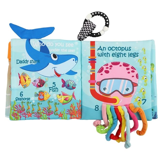 Fish Baby Books Toys, Touch Feel Cloth Crinkle Books for Babies, Infant Toys 0-6, 6-12, 12-18 Months,Early Learning Education Toys,Shower Baby Christmas Gifts for Boys Girls,Teething,Mirror,Shark