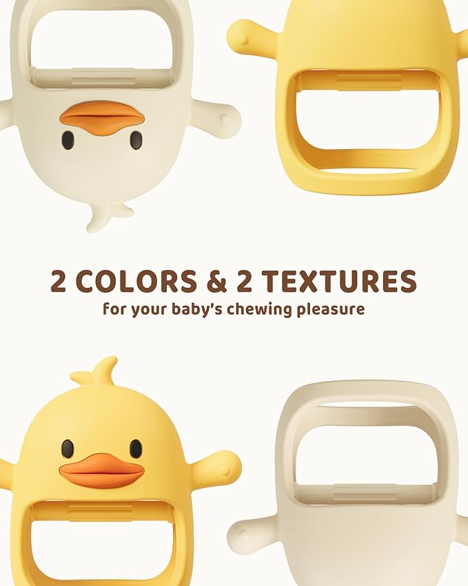 ChooKaChoo 2 Pack Baby Teething Toy for Over 3 Months, Food Grade Silicone Teething Mitten, Anti Dropping Wrist Hand Teethers Baby Chew Toys for Sucking Needs, BPA Free (Duckie)