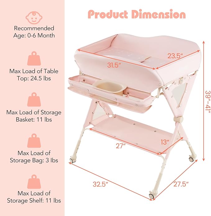 INFANS Baby Changing Table with Wheels, Portable Folding Diaper Station Nursery Organizer with Storage Basket, Hanging Rack, Adjustable Height, Safety Belt for Newborn Infant (Light Pink)