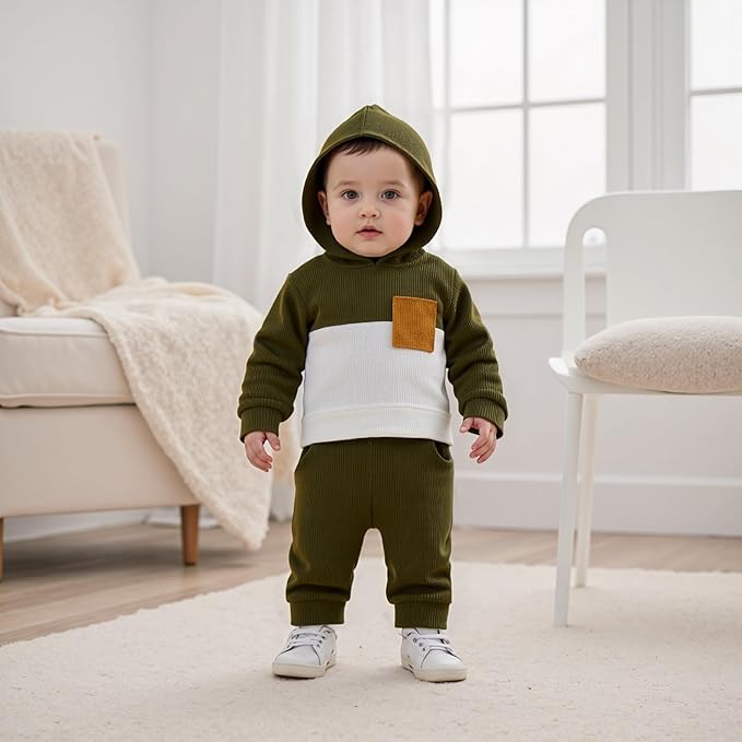 Toddler Baby Boy Hoodies Fall Clothes Waffle Contrast Color Sweatshirt Pant Set Infant Clothes 6 12 18 Months 2T 3T