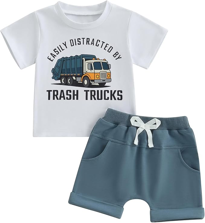 WZTYYDS Toddler Baby Boy Summer Clothes 2T 3T 4T 5T Boys Outfit Letter Truck Short Sleeve T-Shirt Tops + Shorts Set