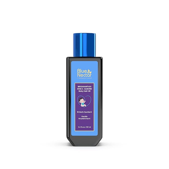 Blue Nectar Ayurvedic Baby Hair Oil with Organic Ghee, Almond Oil, Coconut Oil & Olive Oil for Hair and Scalp(18 Herbs, 3.38 Fl Oz)