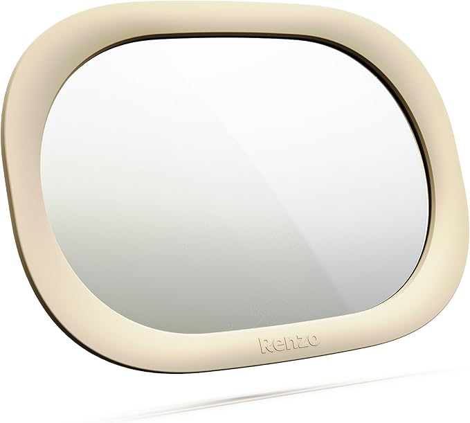 Renzo Baby Car Mirror - Rear Facing Car Seat Mirror for Infants - Extra Large, Shatter-Resistant, 360° Adjustable, Tool-Free Installation - Fits Most Cars, SUVs & Trucks (Almond Cream)