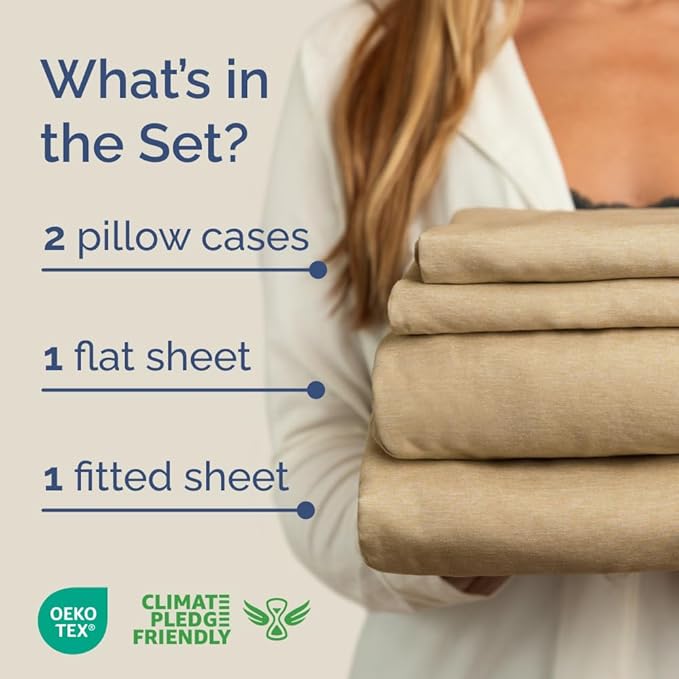 Full XL Bed Sheet Set - 4 Piece Extra Long Extended Full XL Sheets - Ultra Soft, Breathable & Cooling - Fits 8" to 16" Mattress with Deep Pockets - 54" x 80" - Wrinkle & Fade Resistant - Heathered Tan