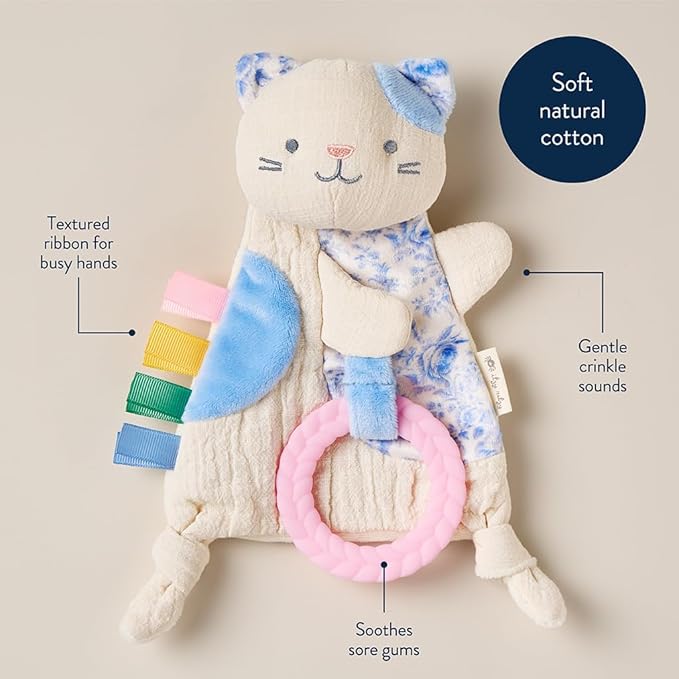Itzy Ritzy - Bitzy Crinkle Sensory Toy for Babies & Toddlers — Features Crinkle Sound, Soft Braided Teething Toy Ring & Textured Ribbons — Gender Neutral Baby Item for Ages 0 Months & Up, Kitty