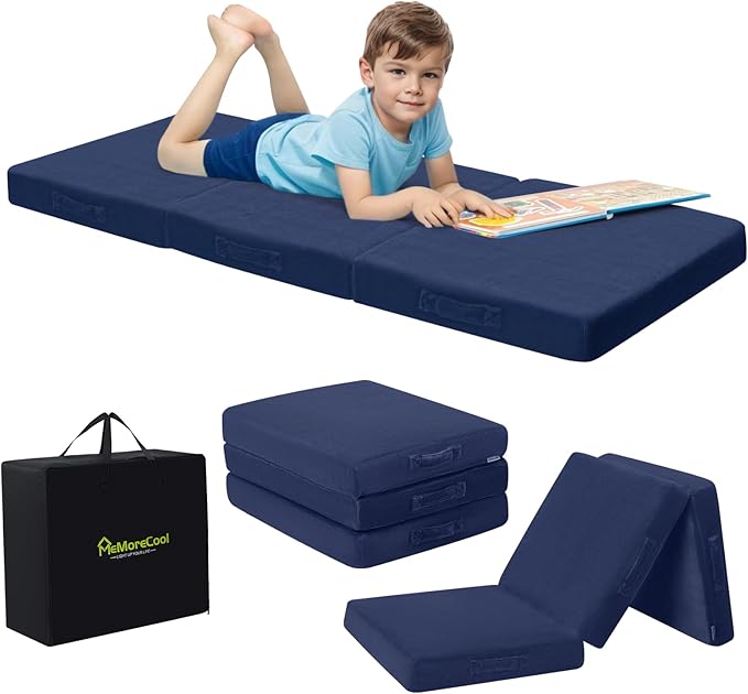MeMoreCool Foldable Floor Mattress for Kids, Trifold Nap Mat for Toddlers, Portable Daycare Sleeping Futon or Floor Bed, Navy, 57x22 Inch