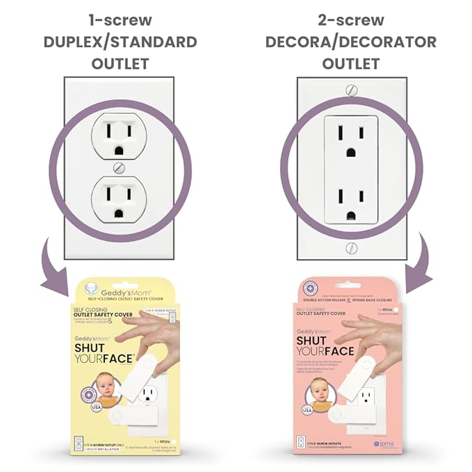 Self-Closing Outlet Cover Plate System by Geddy’s Mom – Automatic Child Safety That Covers Outlets When Unplugged, Shut Your Face, Easy Install, Award-Winning Baby Proofing for 1-Screw Duplex Outlets