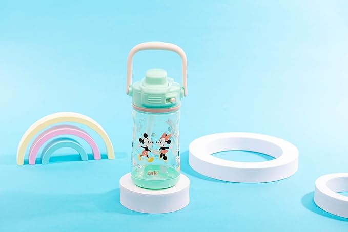 Zak Designs Disney Beacon Kid Water Bottle for Travel or At Home, 12oz Plastic is Durable and Leak-Proof with Liquid Lock Spout, Cover, Carry Handle, Protective Base (Mickey Mouse & Minnie Mouse)