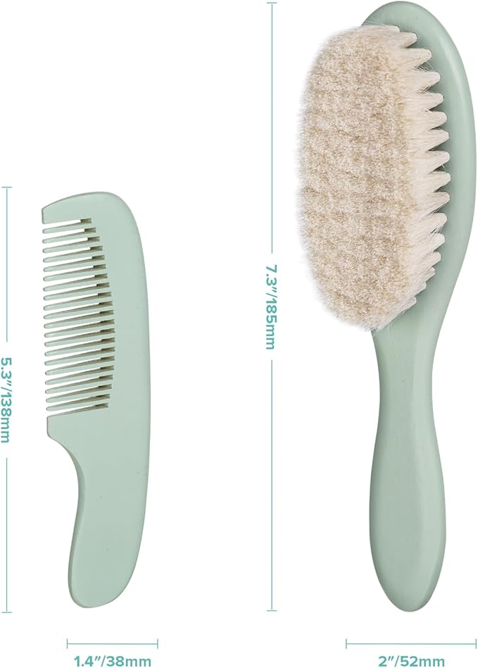BumbleBee Newborn Baby Hair Brush & Comb Set - Wooden Brush with Soft Wool Bristles, Cradle Cap Brush for Boys, Girls & Toddlers, Sage