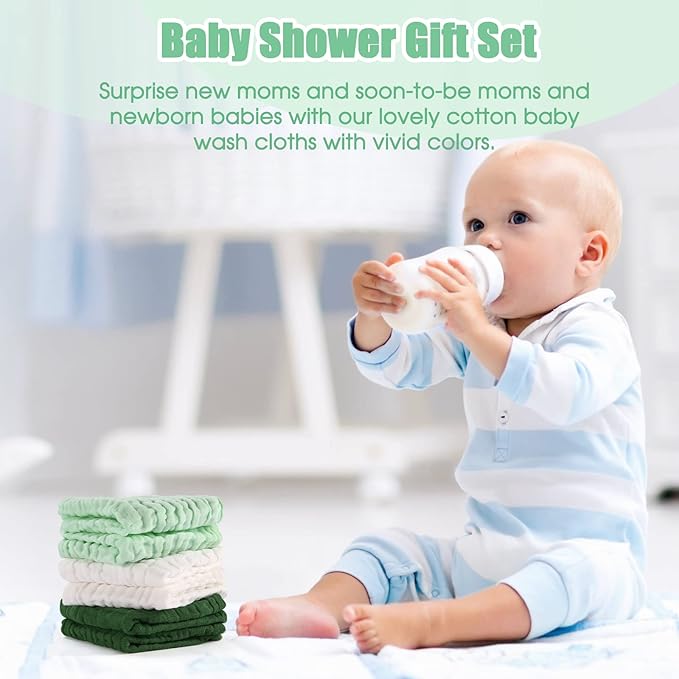 MUKIN Baby Washcloths - Soft Face Cloths for Newborn, Absorbent Bath Face Towels, Baby Wipes, Burp Cloths or Face Towels, Baby Registry as Shower. Pack of 6-12x12 inches (Green)