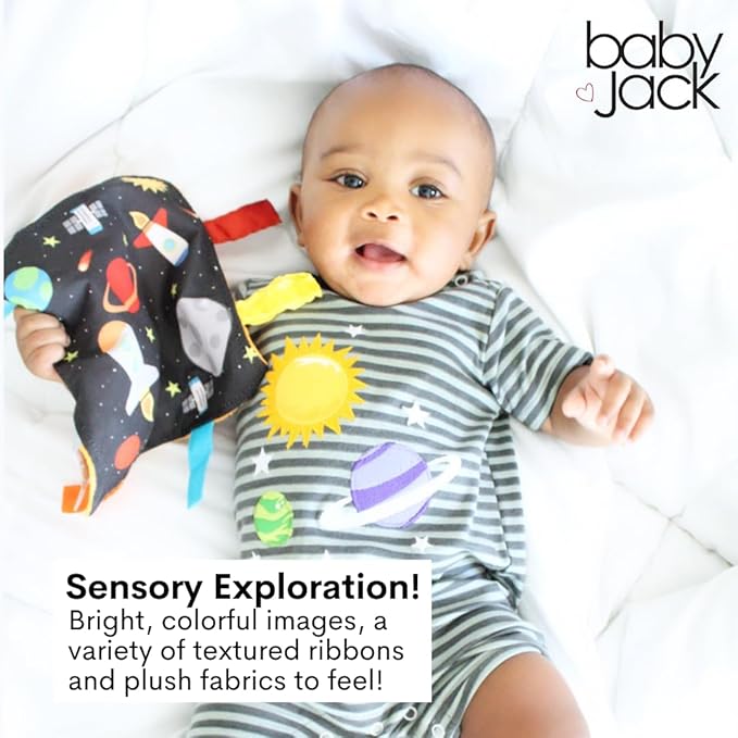 Baby Jack & Co 8x8” Outer Space Lovey Tag Toys for Babies - Crinkle Toys - Travel Self Sooth - Soft & Safe - Learn Shapes, Colors, Planets - BPA Free w/Stroller Clip