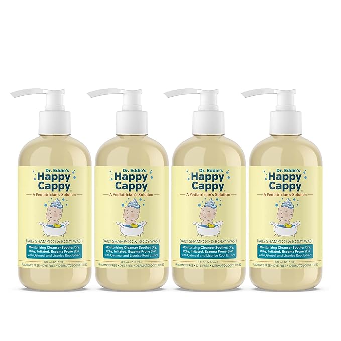Happy Cappy Baby Shampoo and Body Wash - Eczema Body Wash for Kids & Toddlers, Helps with Dryness, Reduces Itching and Redness, Dermatologist Tested, Fragrance Free - 8 Fl Oz (Pack of 4)
