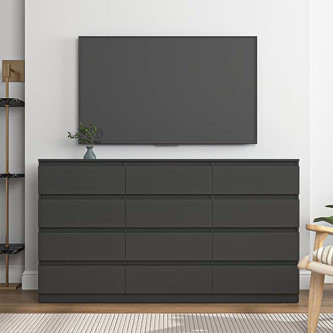 Black 12 Drawer Dresser for Bedroom,Modern Long Deep Drawer Dresser,Wood Storage Chest of Drawer, Storage Organizer Drawers for Bedroom