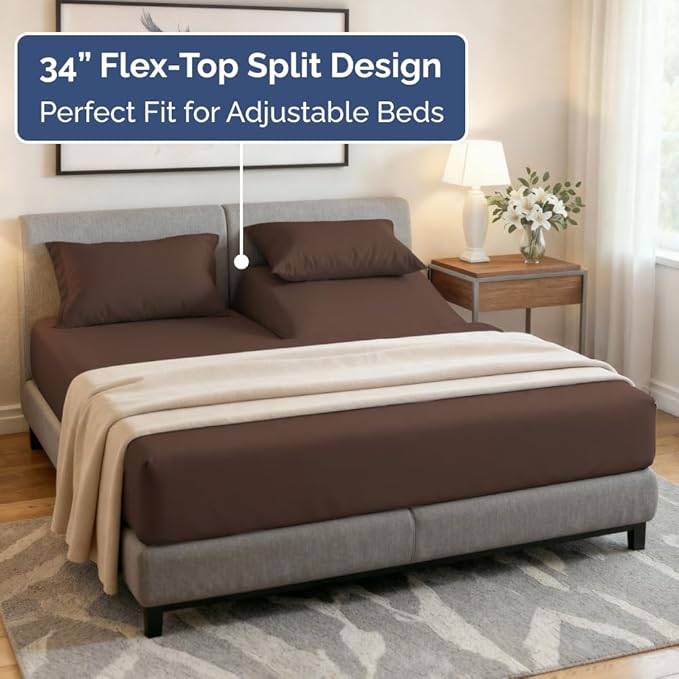 Flex Top Split Head King 4 Piece Sheet Set - Comfy Breathable & Cooling Bed Sheets Set - Hotel Luxury Bedding for Women, Men, Kids, Teens, Boys & Girls - Deep Pockets, Ultra-Soft - Oeko-Tex - Brown