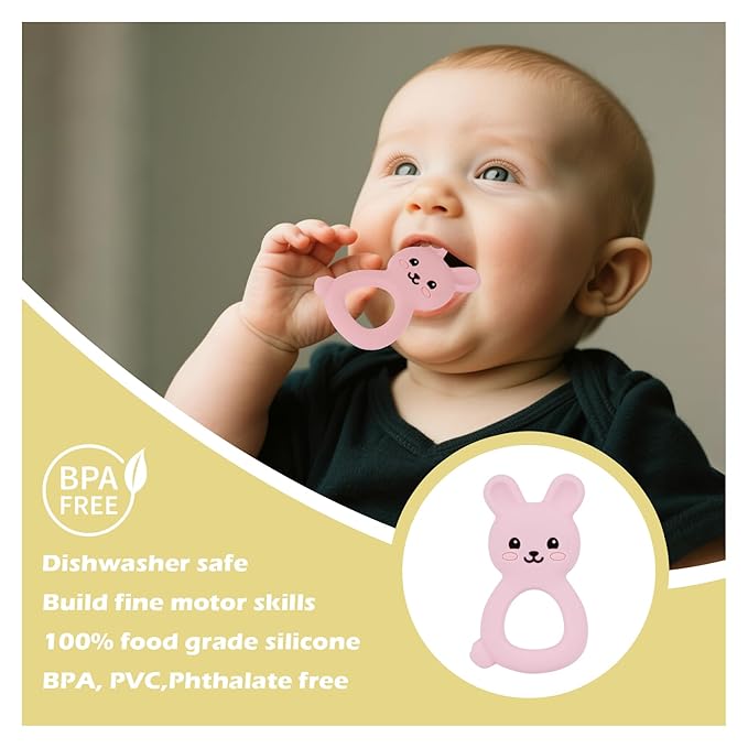 Baby Bunny Teether, Food-Grade Silicone Toy for Infants 3–12 Months, Easy-Grip Chew Toy with Textured Ears for Sensory Exploration, Freezable & Dishwasher Safe (Pink)