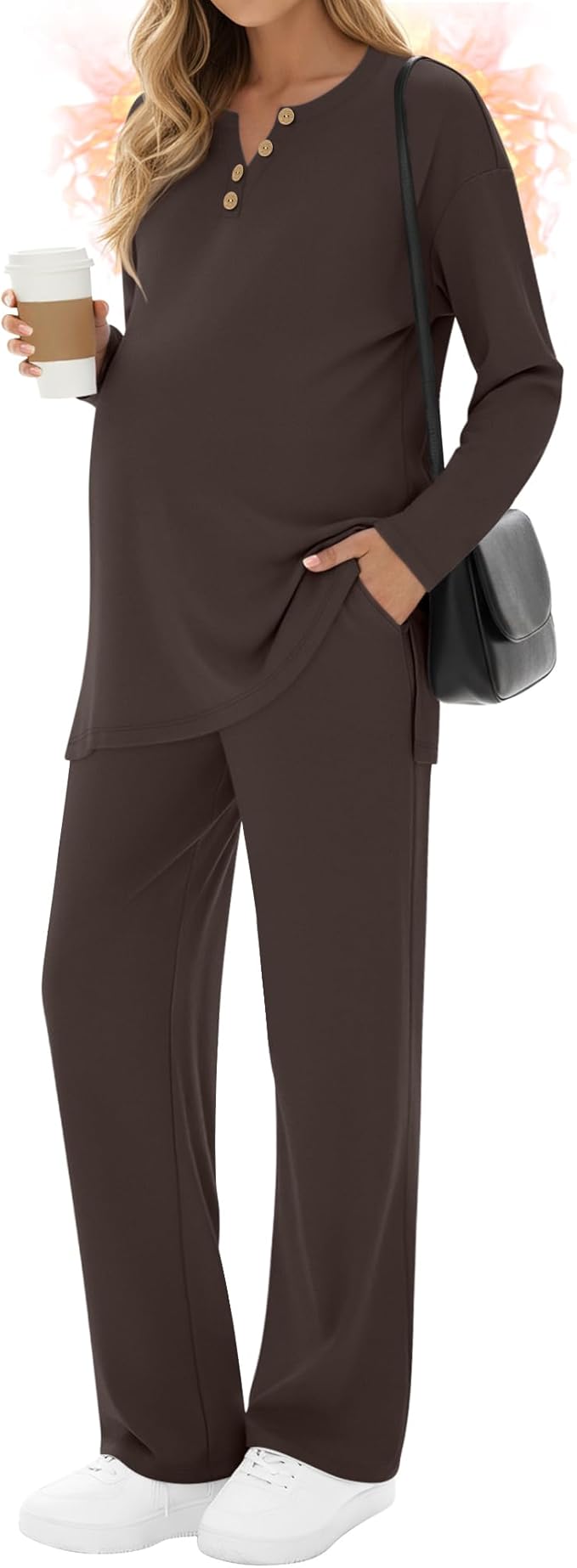2 Piece Thermal Maternity Lounge Set Postpartum Pregnancy Fleece Loungewear Long Sleeve Top and Wide Leg Pant