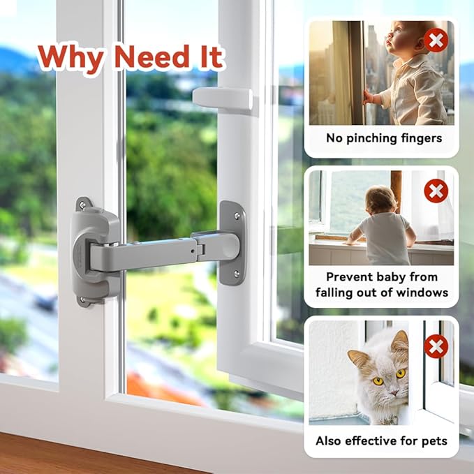 EUDEMON 2 Pack Updated Baby Window Safety Lock, Childproof Window Restrictor for UPVC, Adjustable Winodw Guard for Wooden, Metal Frames (Grey)