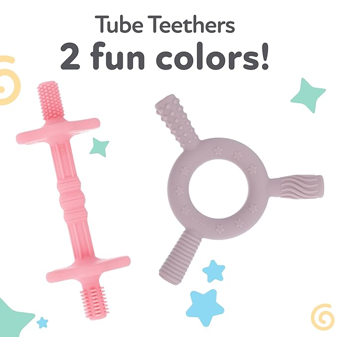Nuby Hollow Tube Silicone Teething Toy - (2-Pack) Baby Teething Sticks - 3+ Months - Purple and Pink