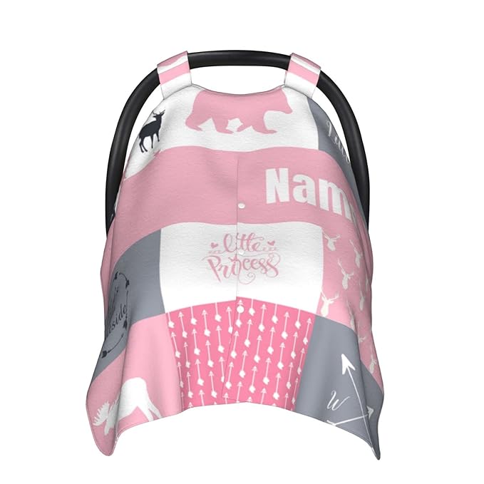 Personalized Woodland Deer Pink Baby Car Seat Canopy for Babies with Name, Custom Adventure Car Seat Covers for Girls, Opening Minky Nursing Breastfeeding Cover Infant Carseat Canopies for Newborn