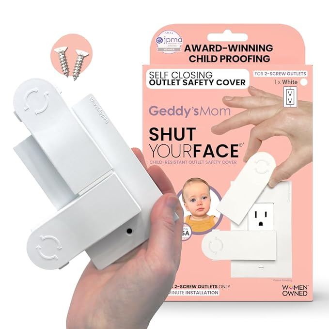 Self-Closing Outlet Cover Plate System by Geddy’s Mom – Automatic Child Safety That Covers Outlets When Unplugged, Shut Your Face, Easy Install, Award-Winning Baby Proofing for 2-Screw Decora Outlets