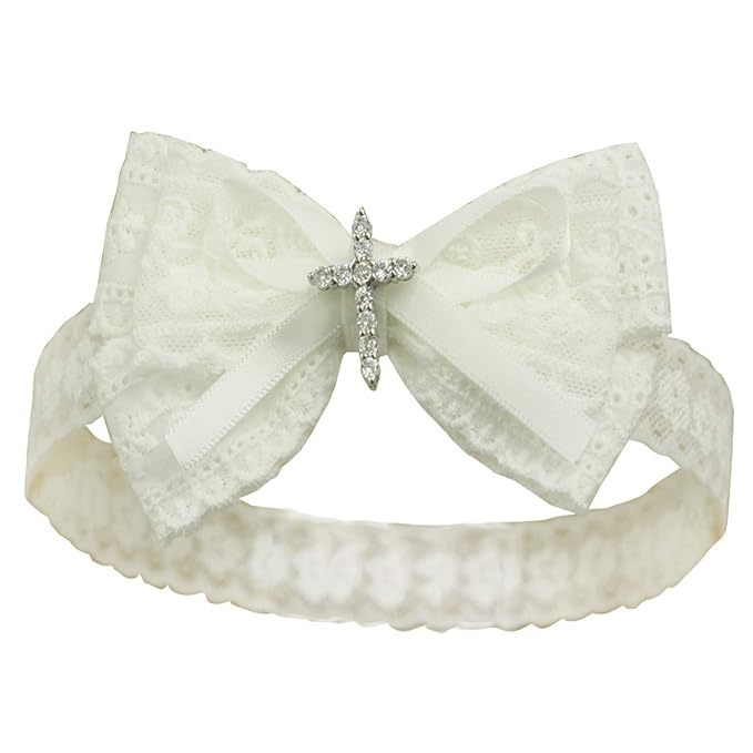 White Baby Bow Headband for Baptism Christening Satin Lace Hair Band with Cross for Toddler (B-white lace headband for baptism, 0-6 months)