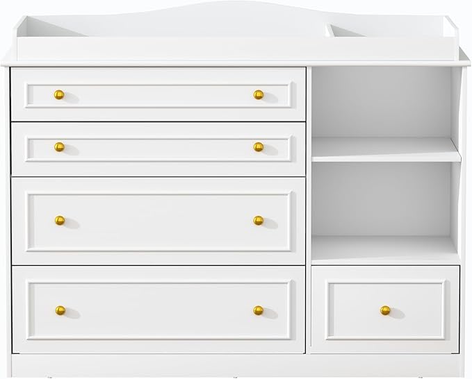 St.Mandyu White Changing Table Dresser, Baby Nursery Dresser, Baby Diaper Changing Table, 5 Drawers, Adjustable Shelves, Metal Handle, Curved Wrapping Design, White