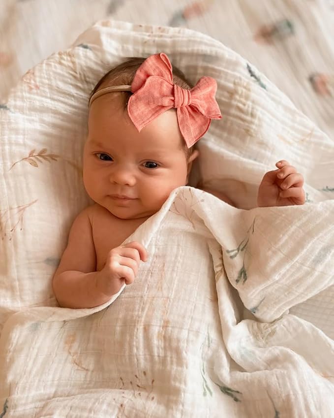Cherssy Baby Girl Muslin Headbands, 3.5" Cotton Hair Bows Nylon Hairbands for Newborns, Infants, Toddlers - 6pcs