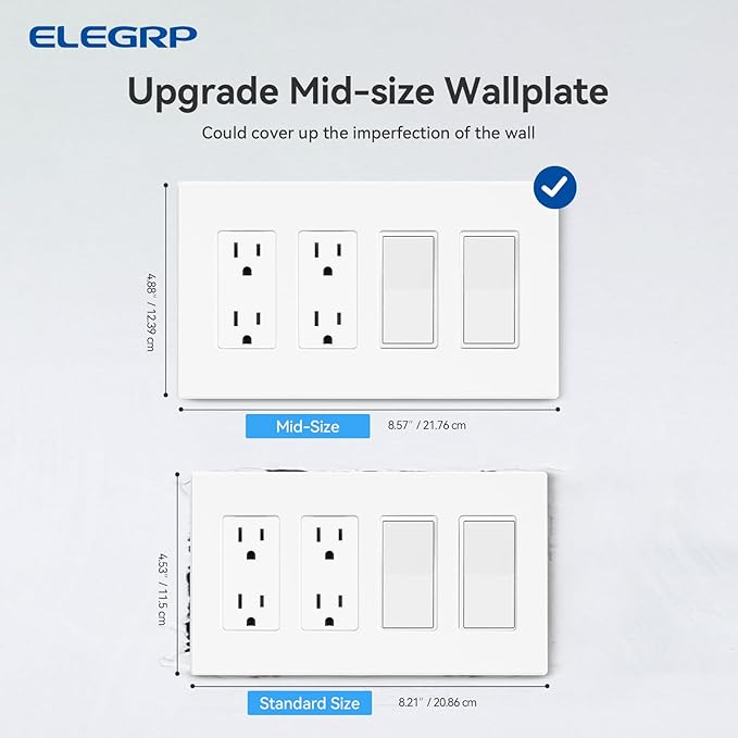 ELEGRP 4-Gang Screwless Decorative Wall Plates, Mid-Size Unbreakable Thermoplastic Faceplate Cover for Decorator Receptacle Outlet Switch, UL Listed (1 Pack, Matte White)