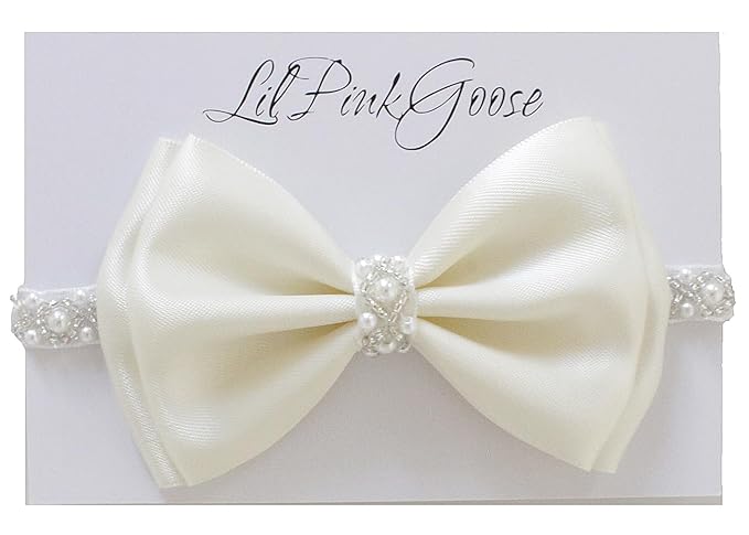 0-12 Newborn Baby Baptism Pearl Headband or Clip with Bow in WHITE Christening Headband with Satin Bow, Pearl Rhinestone Band (Cream(1 Year&up), 1 Count (Pack of 1))