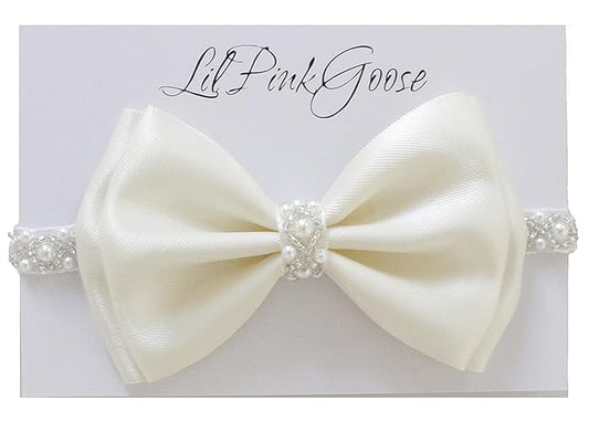 0-12 Newborn Baby Baptism Pearl Headband or Clip with Bow in WHITE Christening Headband with Satin Bow, Pearl Rhinestone Band (Cream(1 Year&up), 1 Count (Pack of 1))