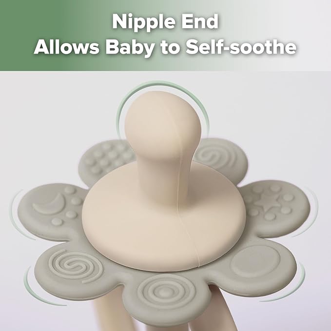 haakaa Silicone Twin Flower Teether,Nipple-Shaped End for Gum Massage,360° Baby Toothbrush Head for Self-Brushing Training,Easy to Grip -Slate Grey