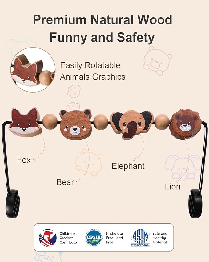 Baby Bouncer Toy Bar Compatible with Baby Bjorn Bouncer, Wooden Toys Attachment Easy to Attach and Remove Sensory Toys for Babies All Ages Christmas Toddler Gifts - Animals