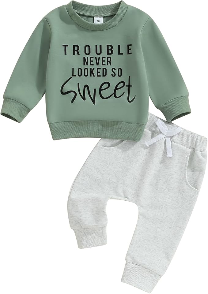 wdehow Toddler Baby Boy 2Pcs Outfits Letters Print Pullover Tops + Drawstring Pants Set Fall Winter Clothes