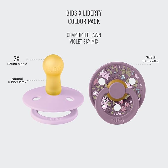 BiBS Liberty Pacifier 2-Pack, BPA Free Pacfiers with Natural Latex Round Nipple, Made in Scandinavia, Size 2 (6-18 Months), Chamomile Lawn Violet Sky