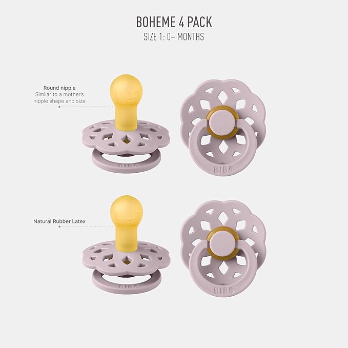 BIBS Boheme Pacifier 4-Pack. BPA Free Dummy Pacifier, Round Nipple. Natural Rubber Latex, Made in Denmark, Size 1 (0-6 Months), Dusty Lilac