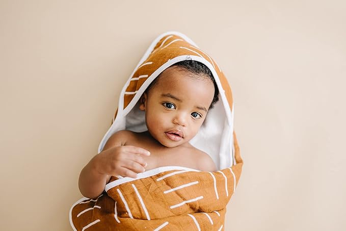 Mebie Baby Muslin Hooded Towel, Mustard Mudcloth, Cute Hooded Baby Bath Towel for Newborn, Infant & Toddler, Modern Baby Towels and Washcloths for Boy & Girl, Floral & Pattern Hooded Baby Towels