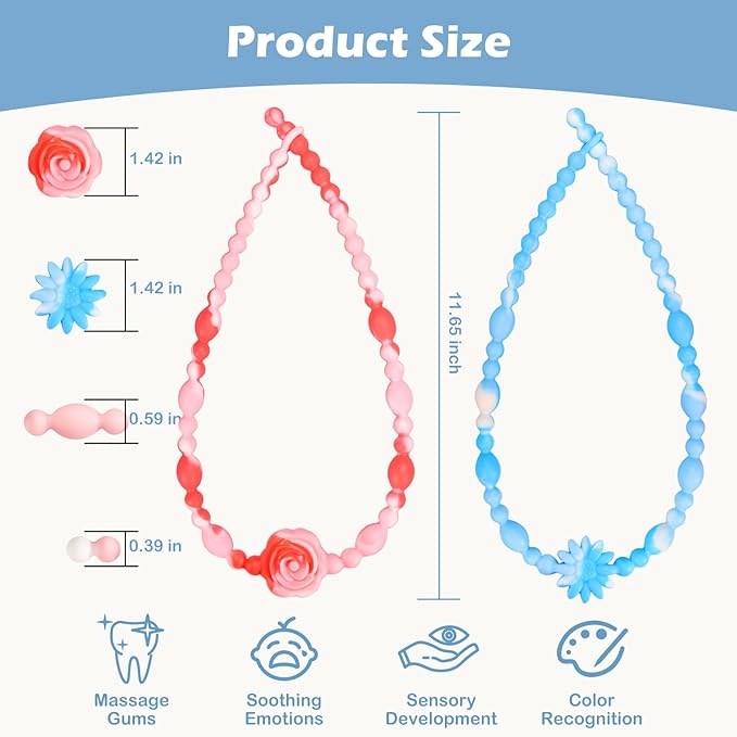 Teething Necklace for Baby, One-Piece Safety Design for Toddler, Chew Necklaces for Sensory Kids Adults with Autism, ADHD, Fidget, Biting, Anxiety - Flower Chew Jewelry Toys for Teething Relief