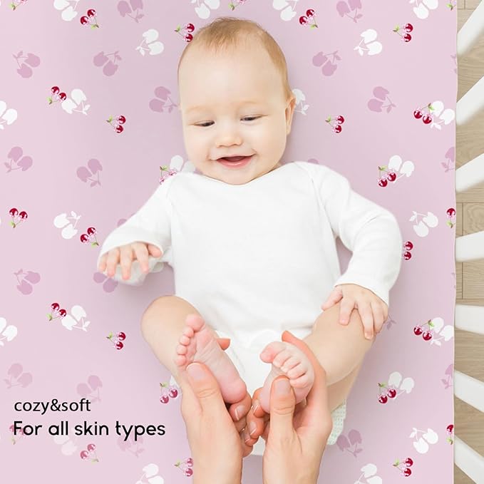 Yoofoss Pack and Play Sheets Fitted, Mini Crib Sheets 2-Pack for Pack N Play Mattress, Stretchy Playard Sheet, Soft and Breathable (Pink+Cherry)
