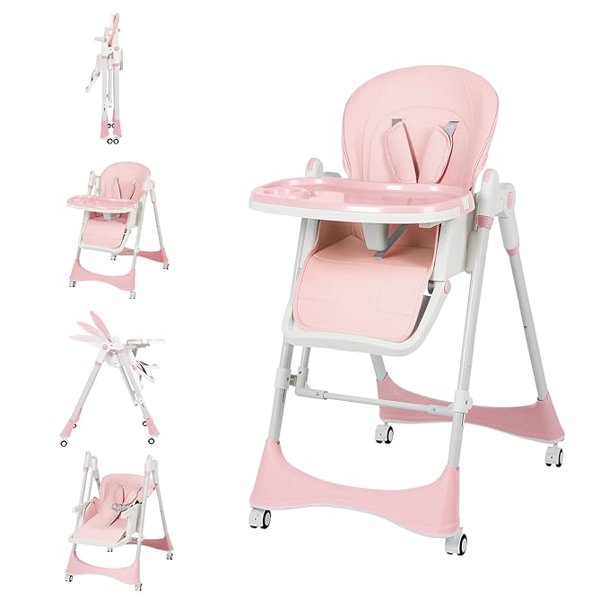 6-in-1 Convertible High Chair with Rocker | Baby High Chair for Newborn to Toddler (0-3 Years) | Adjustable, Foldable & Easy-Clean with Dishwasher Safe Tray & Tool-Free Assembly,Pink