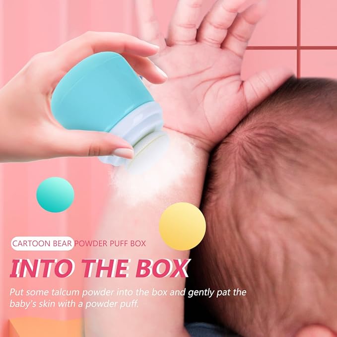 Cartoon Bear Baby Powder Puff Box Infant Talcum Powder Container with Puff Portable Loose Dispenser for Baby Skin Care 3.93X2.75X2.75In