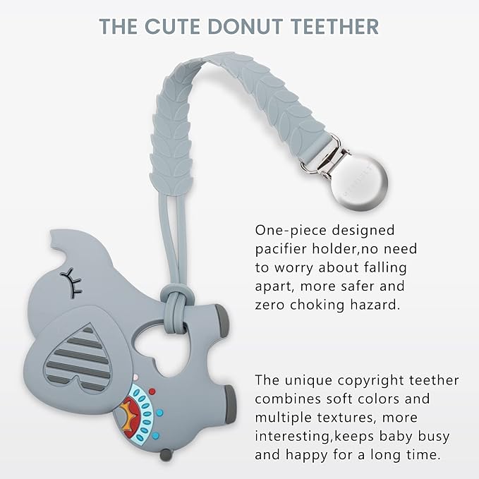 Teething Toys for Babies, Baby Teethers Silicone Baby Teether Toys for Boys and Girls Infant Teething Relief for Teething Elephant Shape, Gray