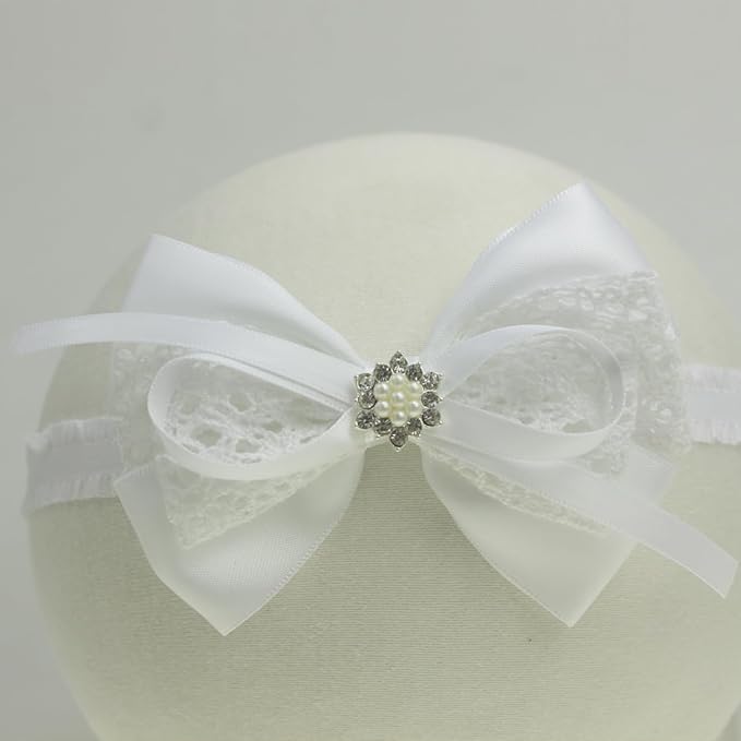 Nihao Baby White Cotton Lace and Satin Bow Hairband with Pearl - Baptism, Communion, First Birthdays - Hair Styling - For Baby Girls - 0-6 Month
