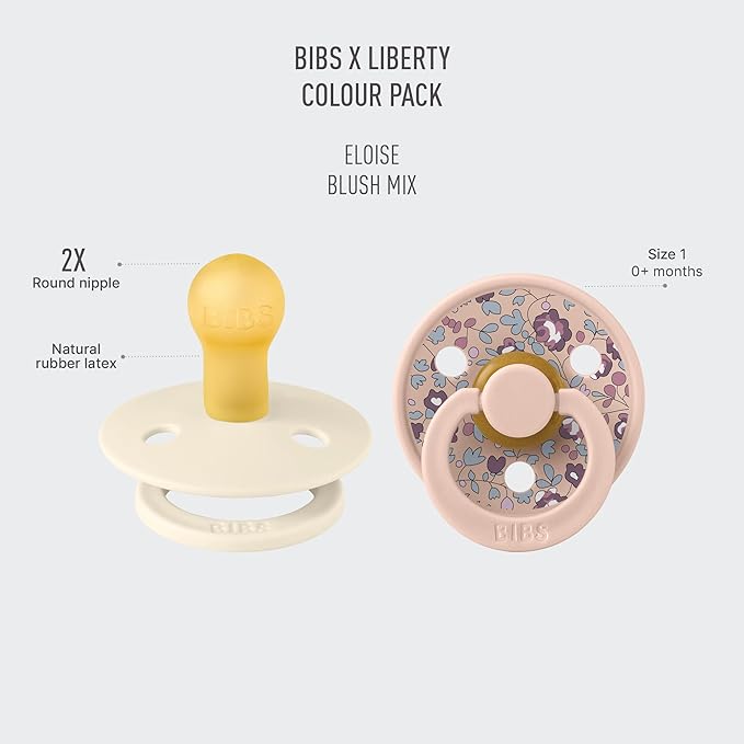 BiBS Liberty Pacifier 2-Pack, BPA Free Pacfiers with Natural Latex Round Nipple, Made in Scandinavia, Size 1 (0-6 Months), Eloise Blush